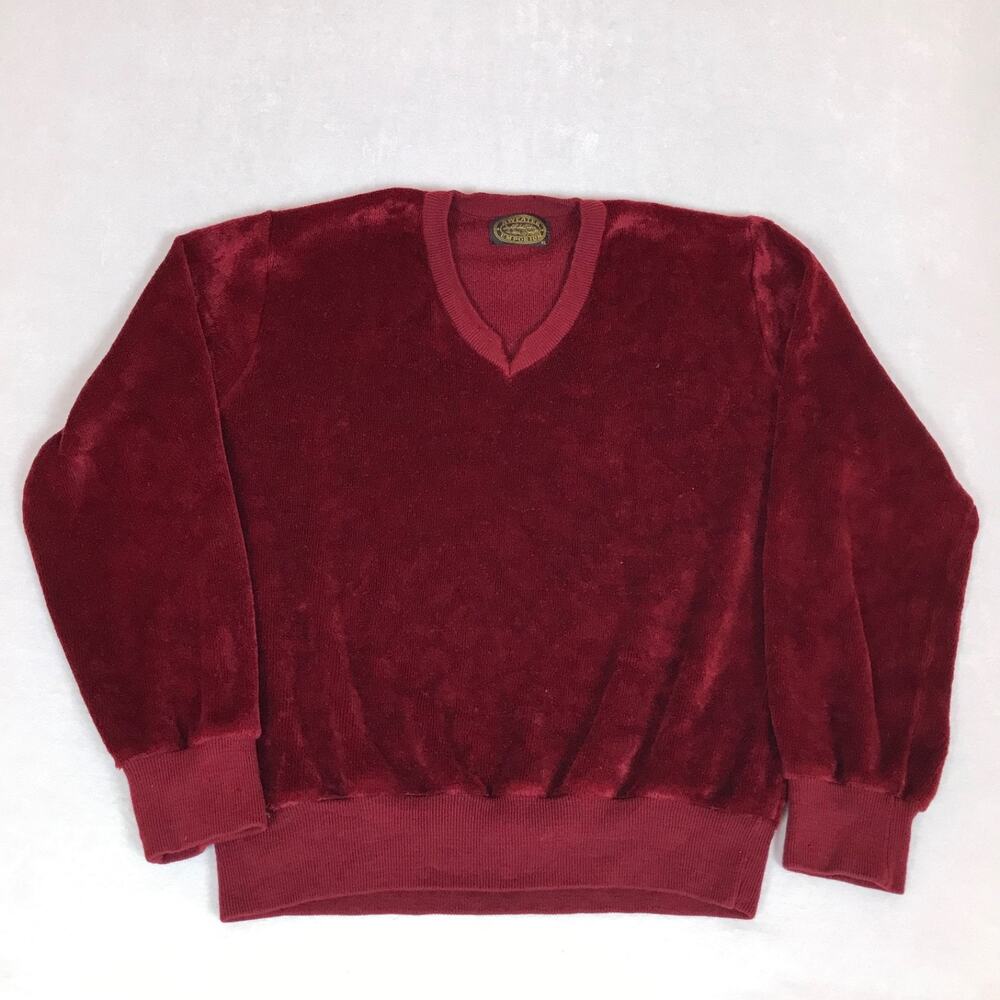 Vintage 80s Velvet Velour V Neck Red Burgundy Knit Sweater XL